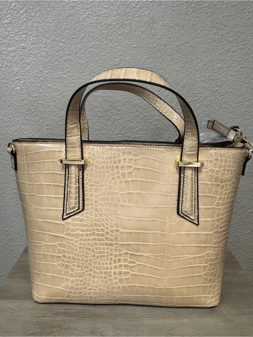 NWT Neiman Marcus Faux Croc Embossed Tote Bag Taupe Convertible Satchel
